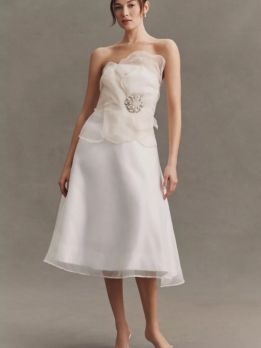 Strapless Organza Midi Dress with Brooch Detail - White